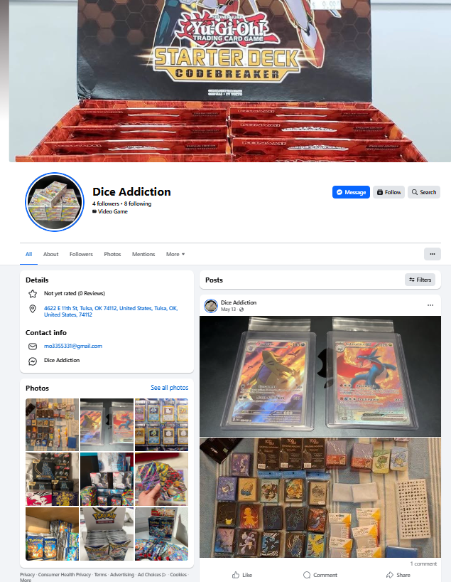 There is a fake Dice Addiction account on Facebook. Please do not send it money.