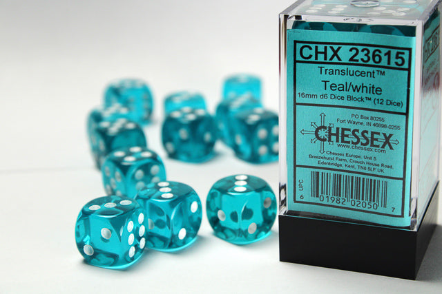 23615 Translucent 16mm d6 Teal/white Dice Block™ (12 dice)