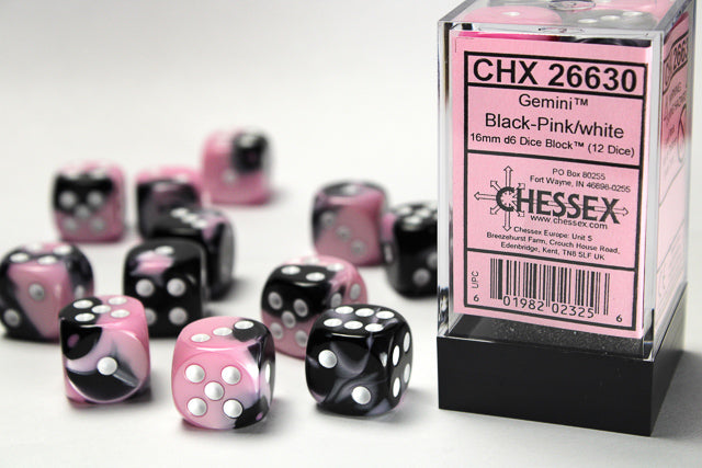 26630 Gemini® 16mm d6 Black-Pink/white Dice Block™ (12 dice)
