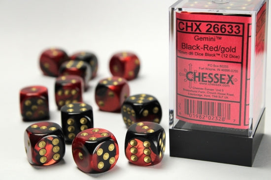 26633 Gemini® 16mm d6 Black-Red/gold Dice Block™ (12 dice)