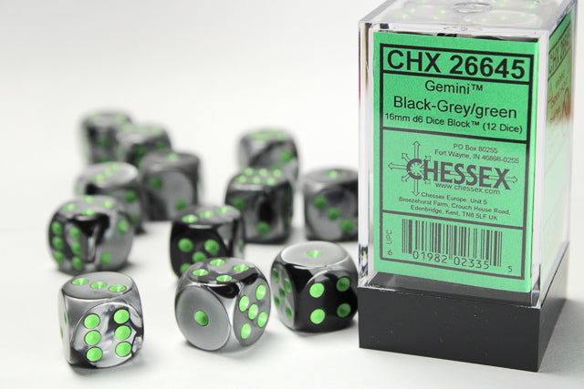 26645 Gemini® 16mm d6 Black-Grey/green Dice Block™ (12 dice)