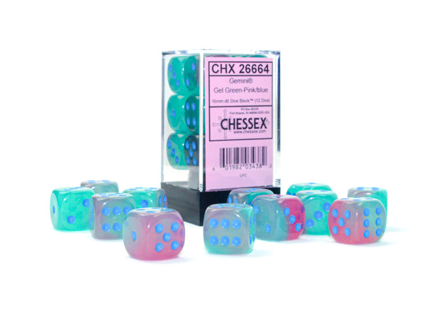 Gemini Gel Green-Pink/blue Luminary 16mm d6 Dice Block (12 dice)