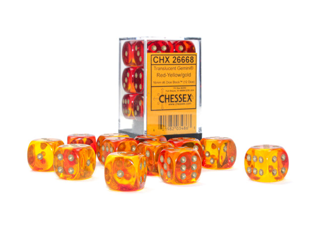 Gemini Translucent Red-Yellow/gold 16mm d6 Dice Block (12 dice)
