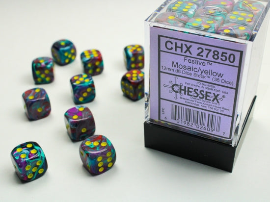 Festive Mosaic/yellow 12mm d6 Dice Block (36 dice)