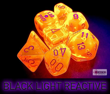 Lab Dice: Translucent Neon Orange/white Polyhedral 7-Dice Set (with bonus die)