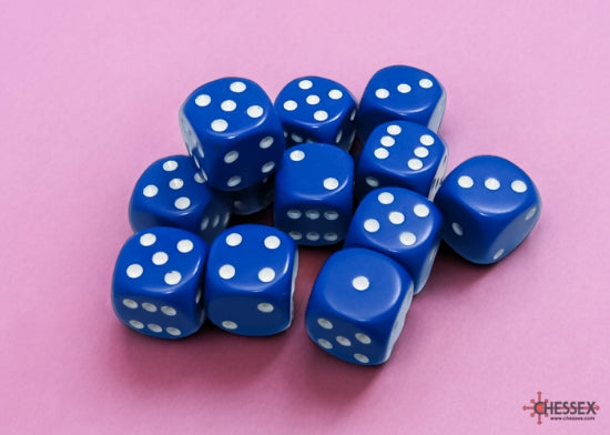 Opaque Blue/white 16mm d6 Dice Block (12 dice)