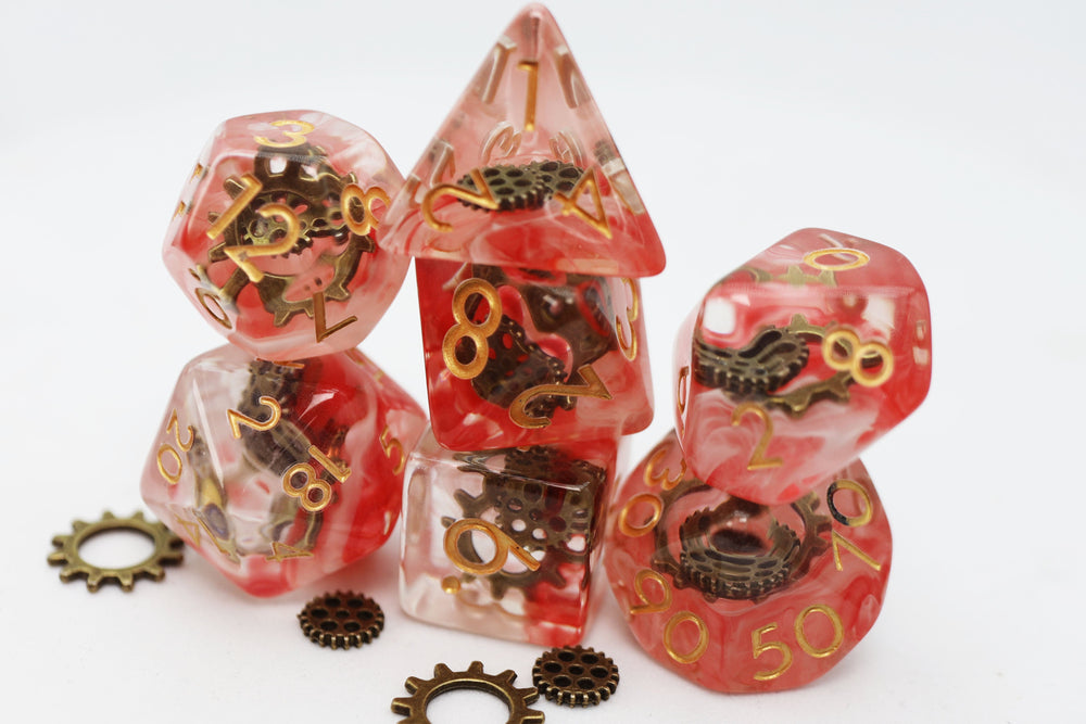 RED SWIRL ANCIENT GEAR RPG DICE SET