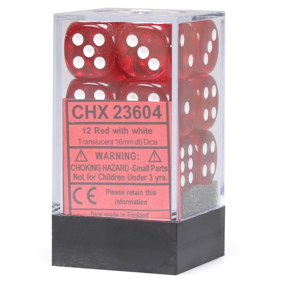 Translucent 16mm d6 Red/White Dice Block (12 dice)