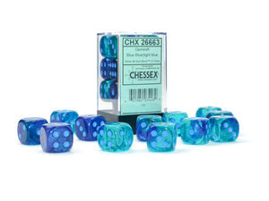 Gemini Blue-Blue/light blue Luminary 16mm d6 Dice Block (12 dice)