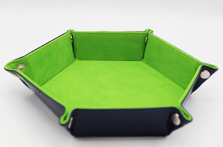 LEATHERETTE & VELVET HEX DICE TRAY (NAVY WITH LIME)