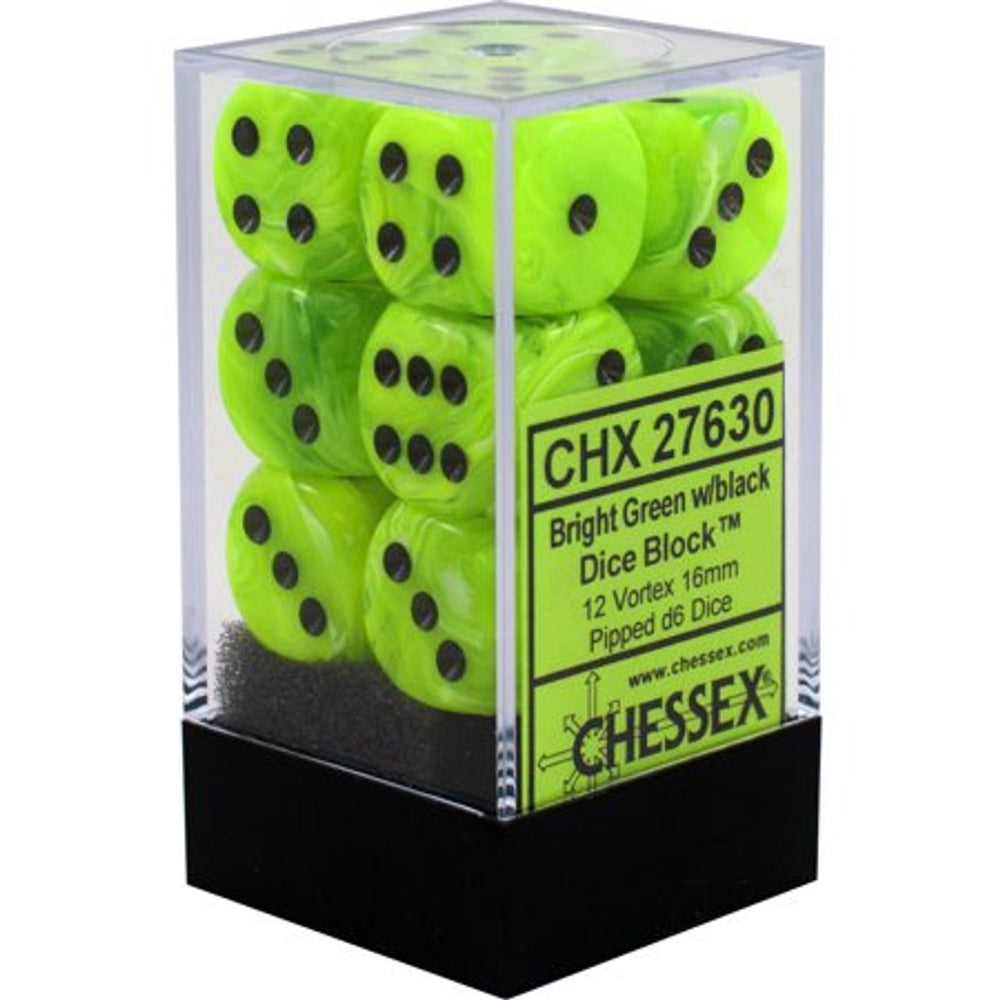 Vortex: Bright Green/Black 16mm D6 Dice Block (12 Dice)