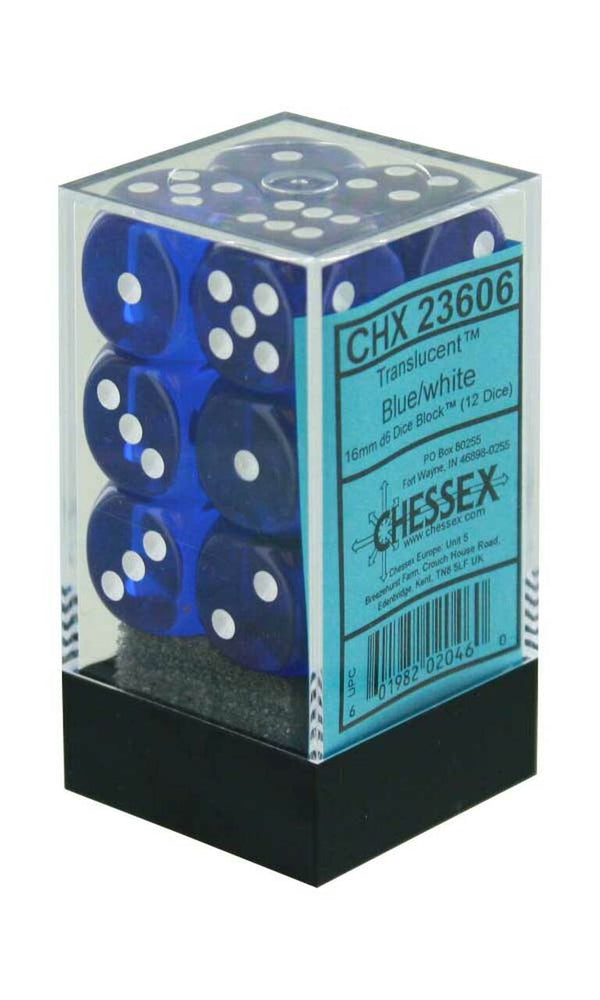 Translucent 16mm d6 Blue/white Dice Block™ (12 dice)