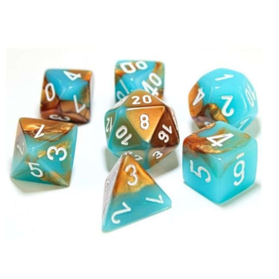 7CT LAB DICE GEMINI POLY SET, COPPER-TURQUOISE/WHITE