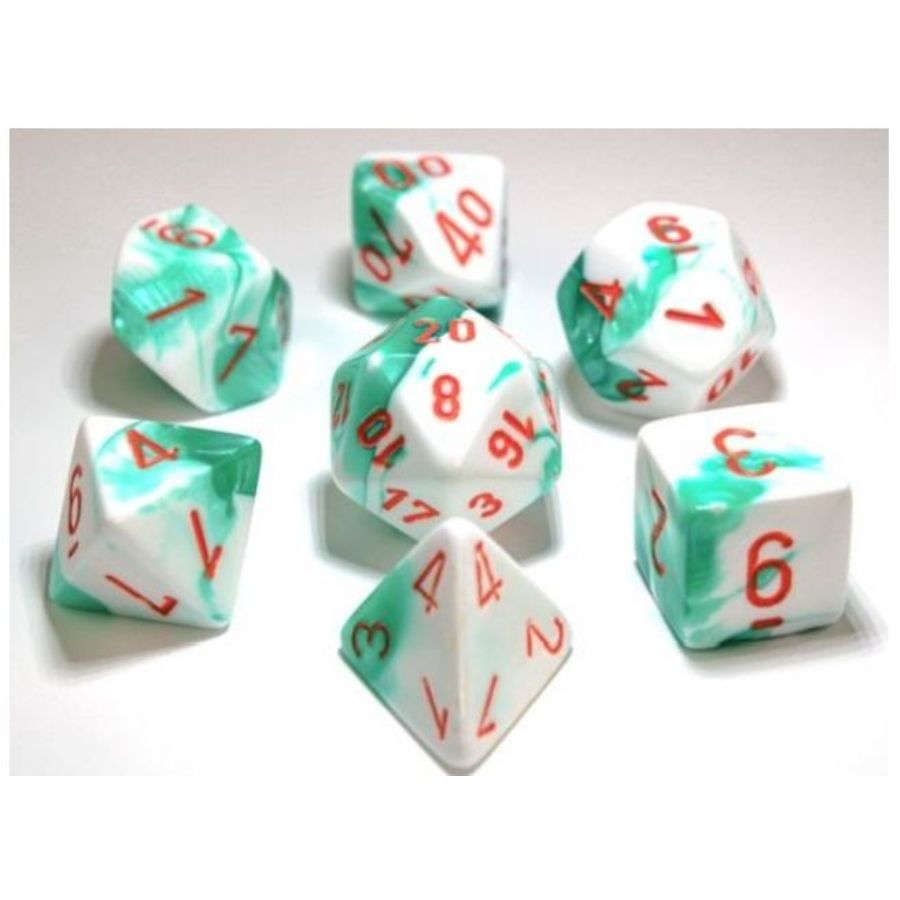 7CT LAB DICE GEMINI POLY SET, MINT GREEN AND WHITE / ORANGE