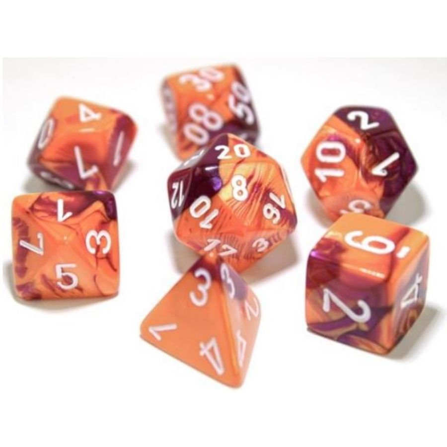 7CT LAB DICE GEMINI POLY SET, ORANGE AND PURPLE / WHITE