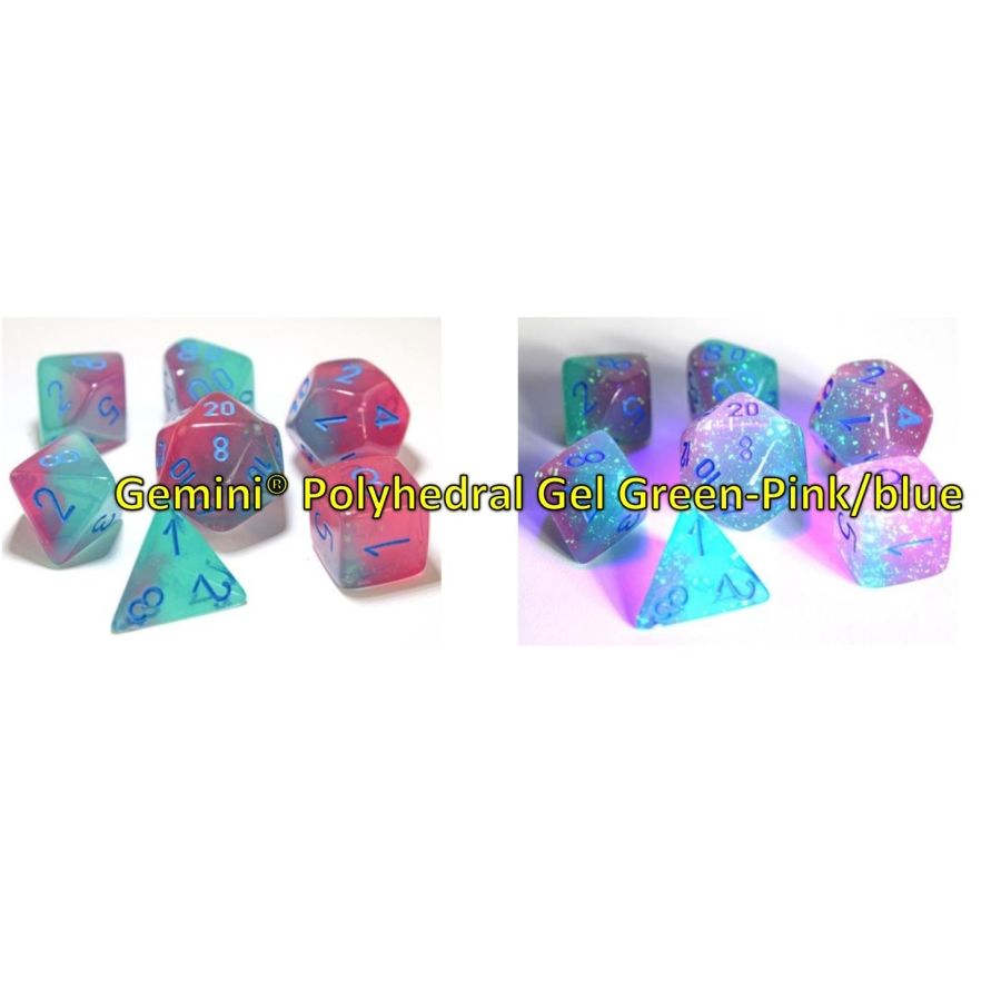 7CT LAB DICE GEMINI POLY SET, GREEN AND PINK / BLUE