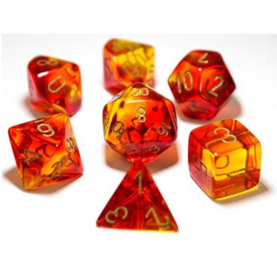 7CT LAB DICE GEMINI POLY SET, RED AND YELLOW / GOLD