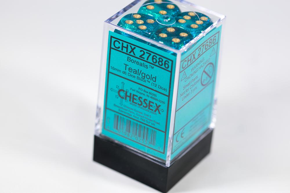 Borealis® 16mm d6 Teal/gold Dice Block™ (12 dice)