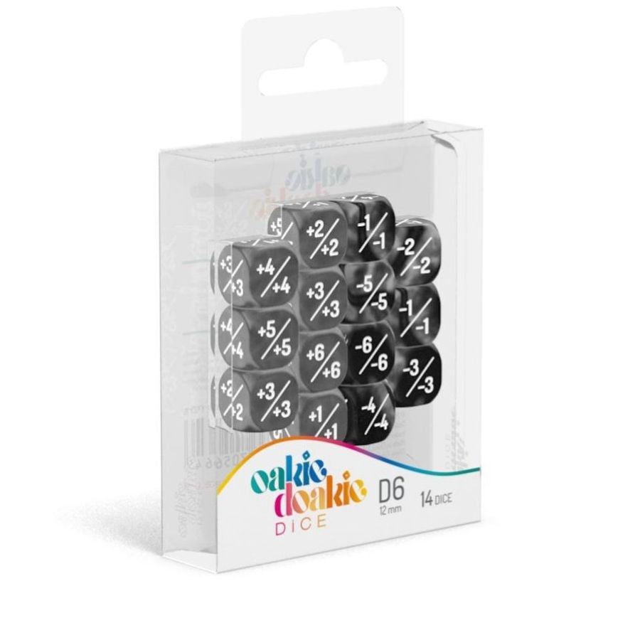 OAKIE DOAKIE DICE: D6 12MM MARBLE/GEMIDICE POSITIVE AND NEGATIVE DICE SET - BLACK (14CT)