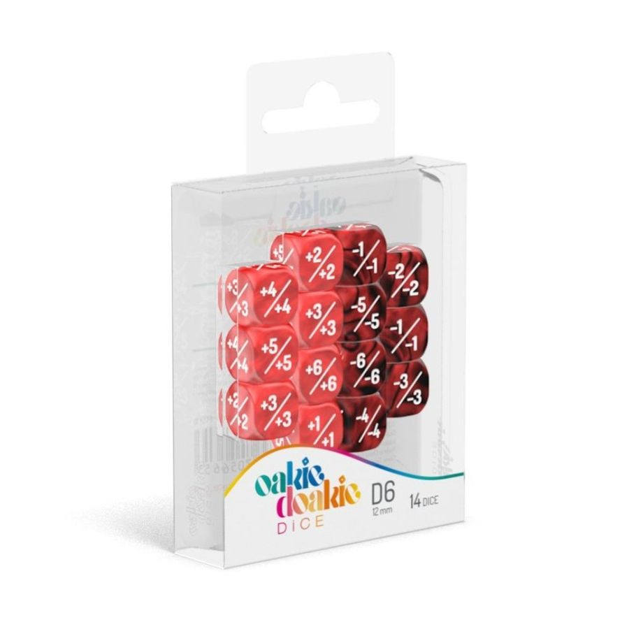 OAKIE DOAKIE DICE: D6 12MM MARBLE/GEMIDICE POSITIVE AND NEGATIVE DICE SET - RED (14CT)