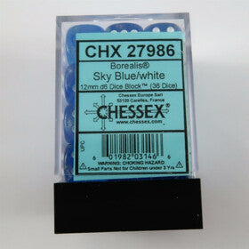 Chessex CHX 27986 Borealis: Sky Blue/White 12mm D6 Dice Block (36 Dice)